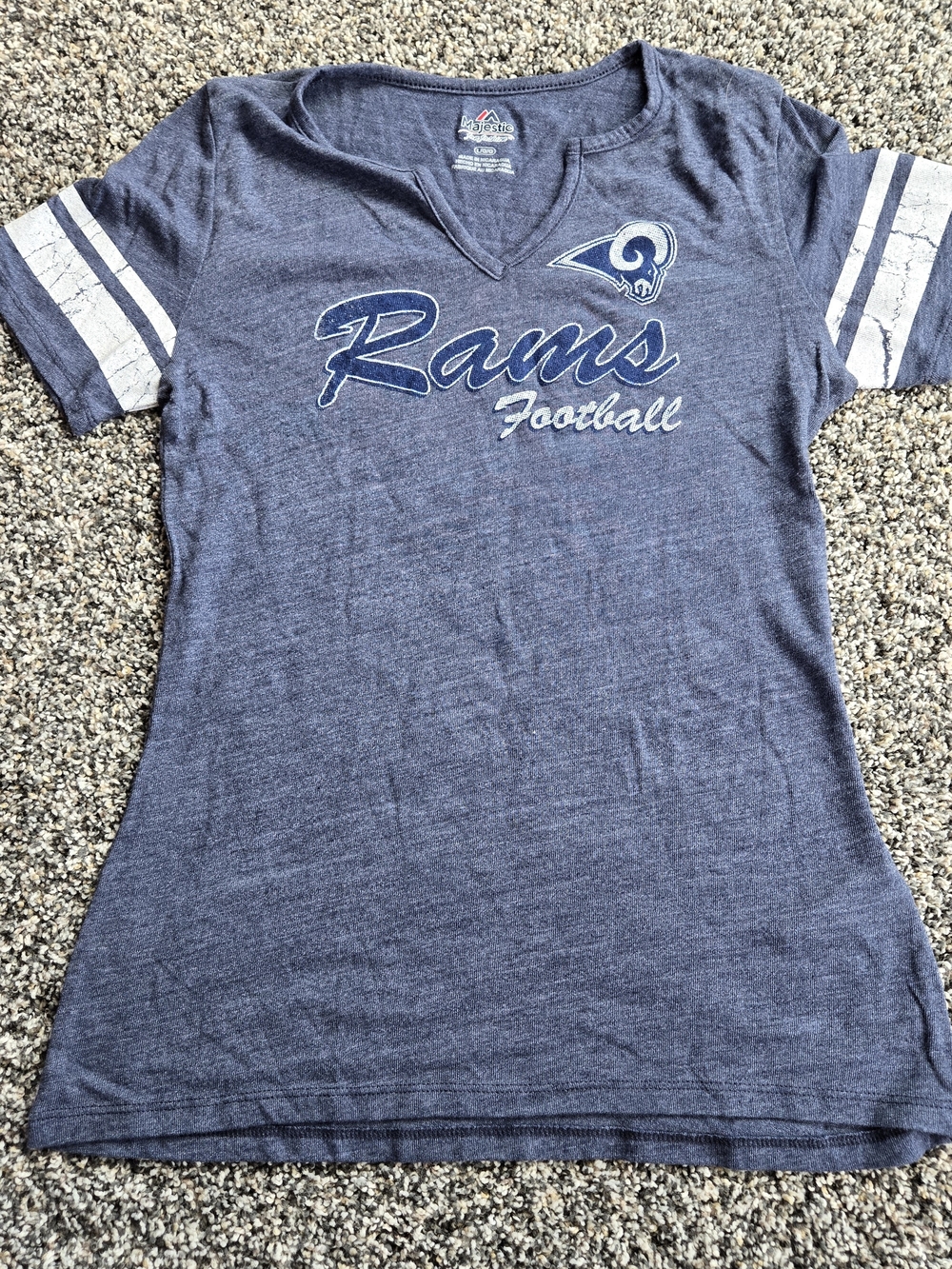 Majestic Navy Blue Rams Football Tee with White Sleeve Stripes Women's Large